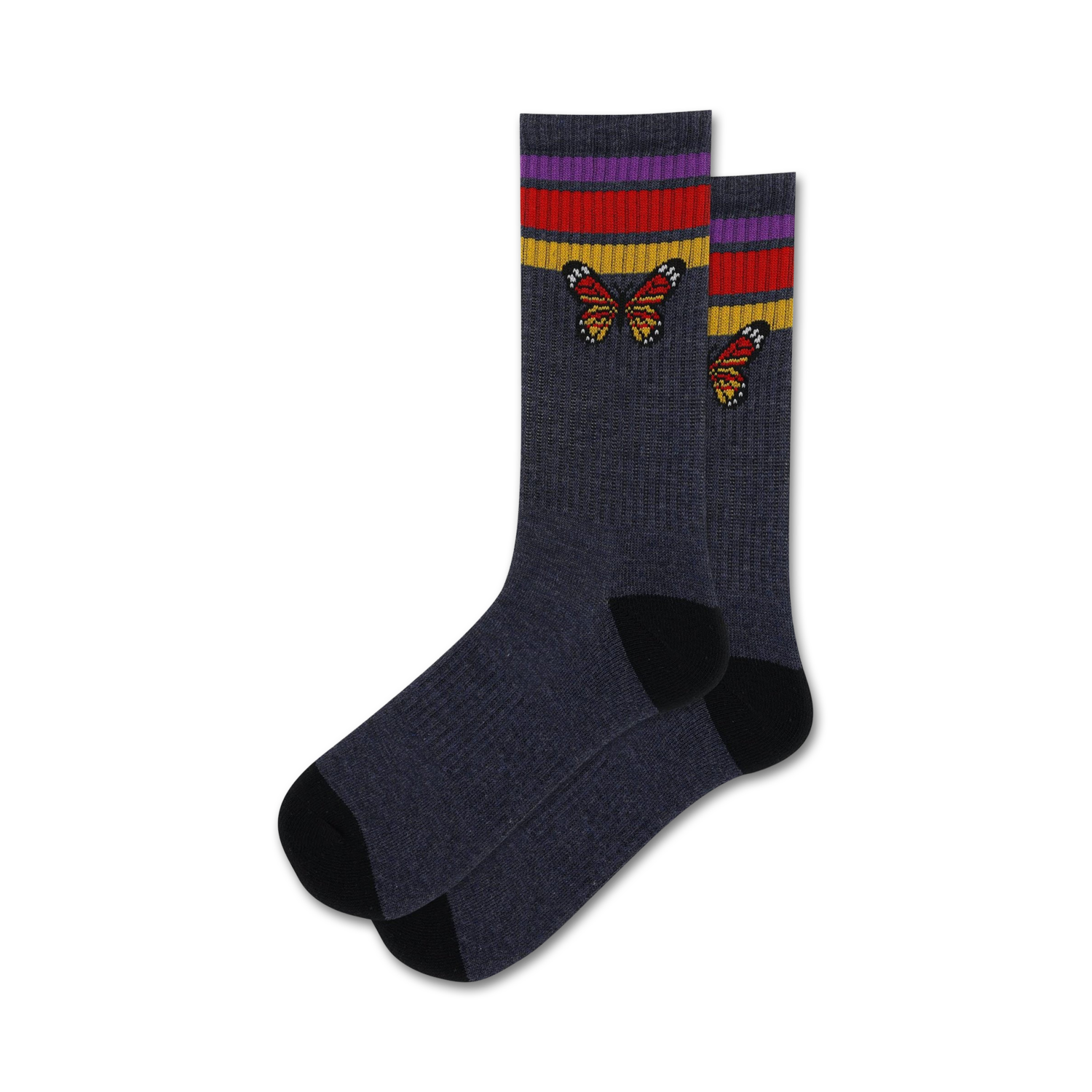 Pair of dark grey crew socks with colorful stripes near the top and embroidered butterflies.