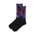 Pair of black crew socks with a retro floral pattern. The flowers are in shades of red, purple, and blue.