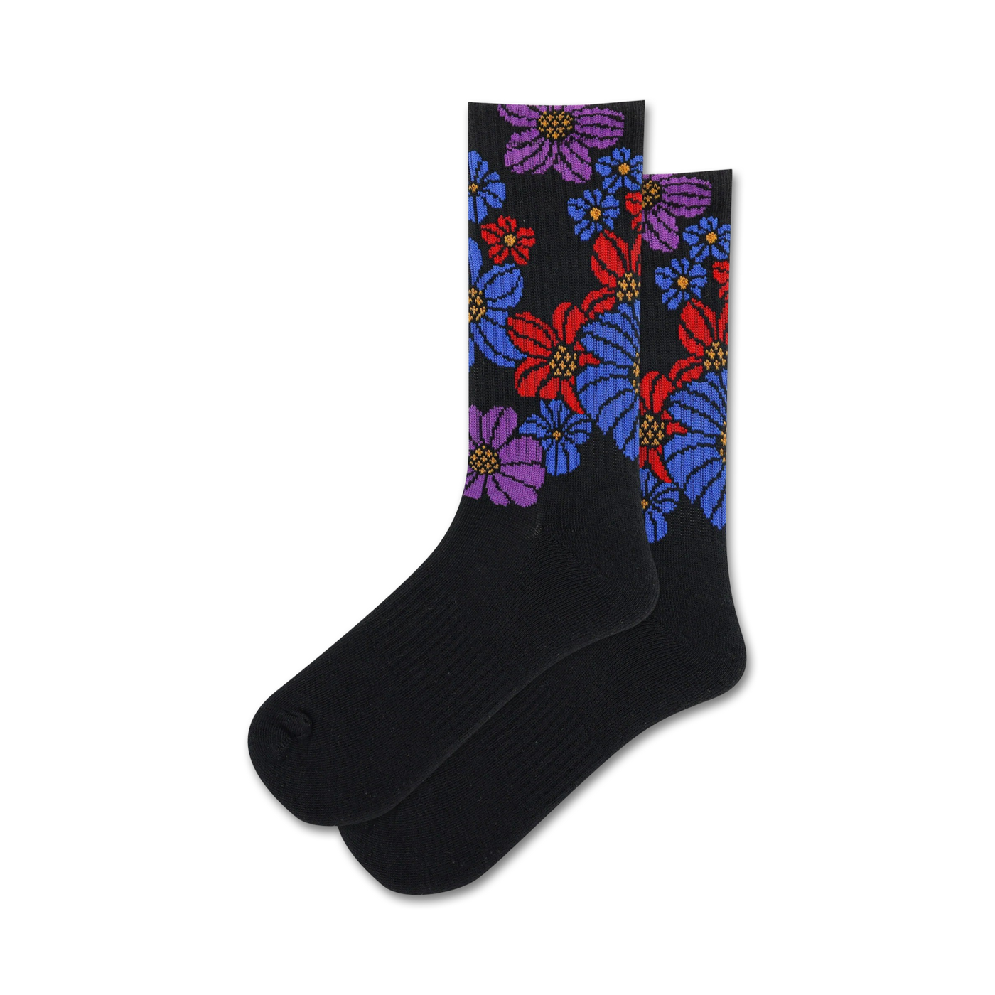 Pair of black crew socks with a retro floral pattern. The flowers are in shades of red, purple, and blue.