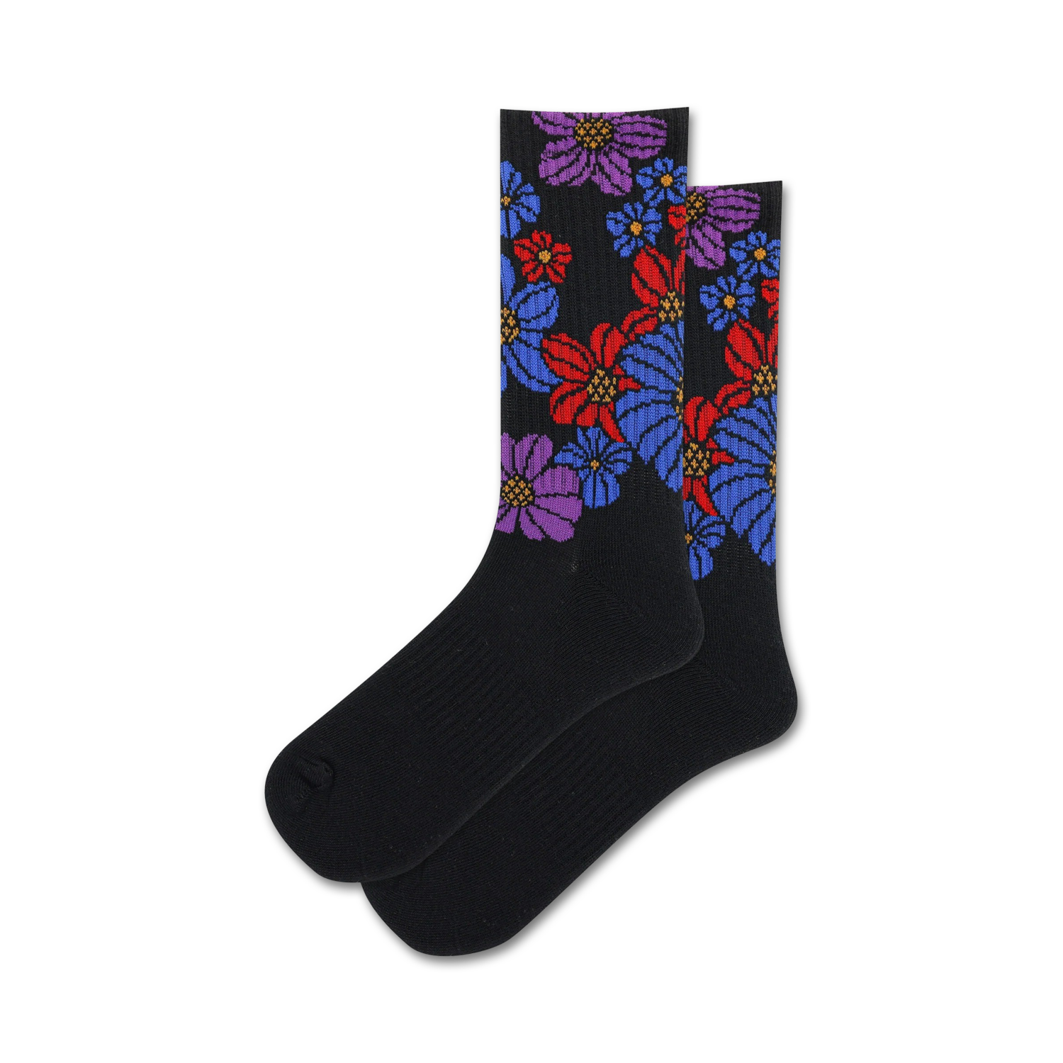 Pair of black crew socks with a retro floral pattern. The flowers are in shades of red, purple, and blue.