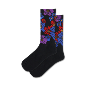 black crew socks with colorful flower pattern running up sides. womens size. floral theme.   
