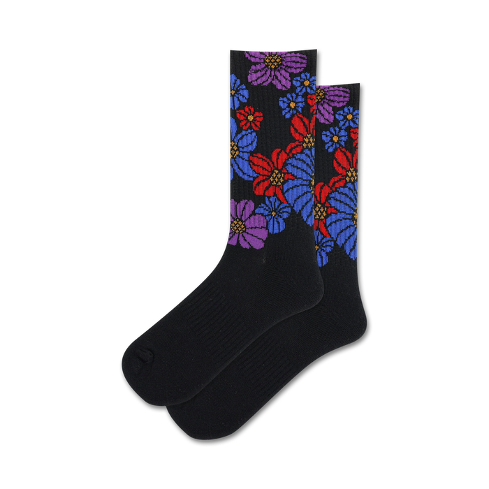 black crew socks with colorful flower pattern running up sides. womens size. floral theme.    }}