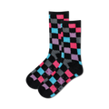 Pair of black fuzzy socks with pink, blue, and gray checkered pattern and non-skid grips on the soles.