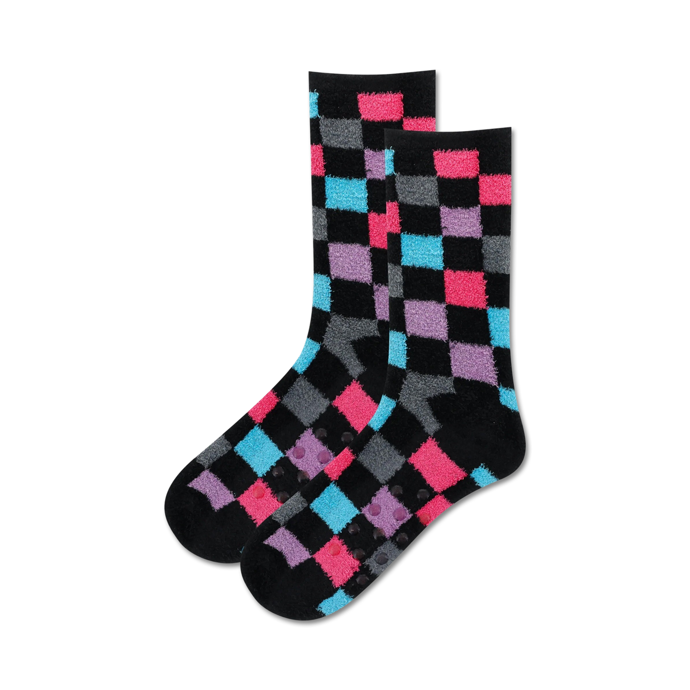Pair of black fuzzy socks with pink, blue, and gray checkered pattern and non-skid grips on the soles.