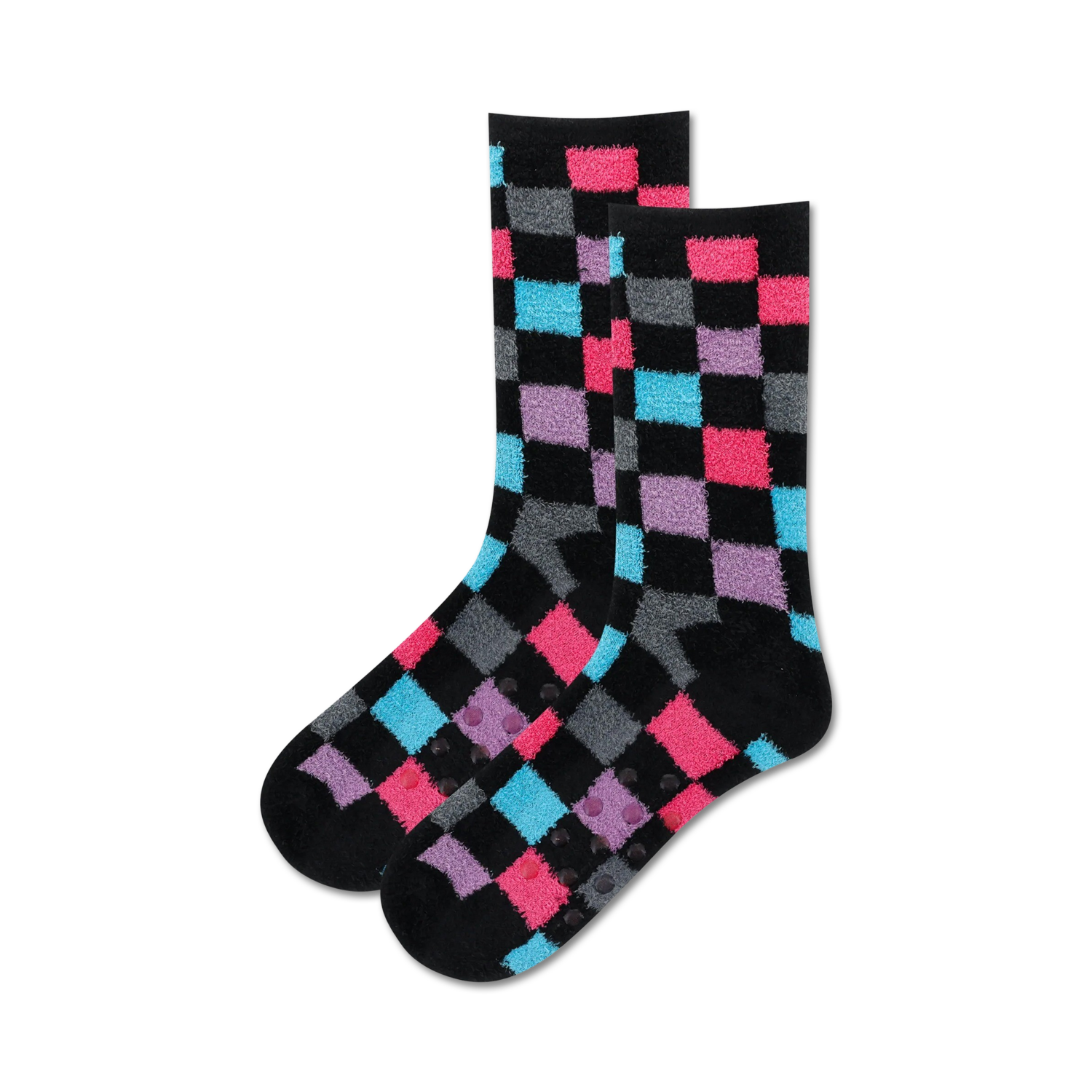 Pair of black fuzzy socks with pink, blue, and gray checkered pattern and non-skid grips on the soles.