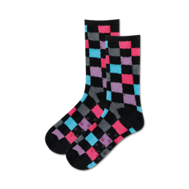 black crew socks with pink, blue, purple, and gray checkered pattern, non-skid sole.  