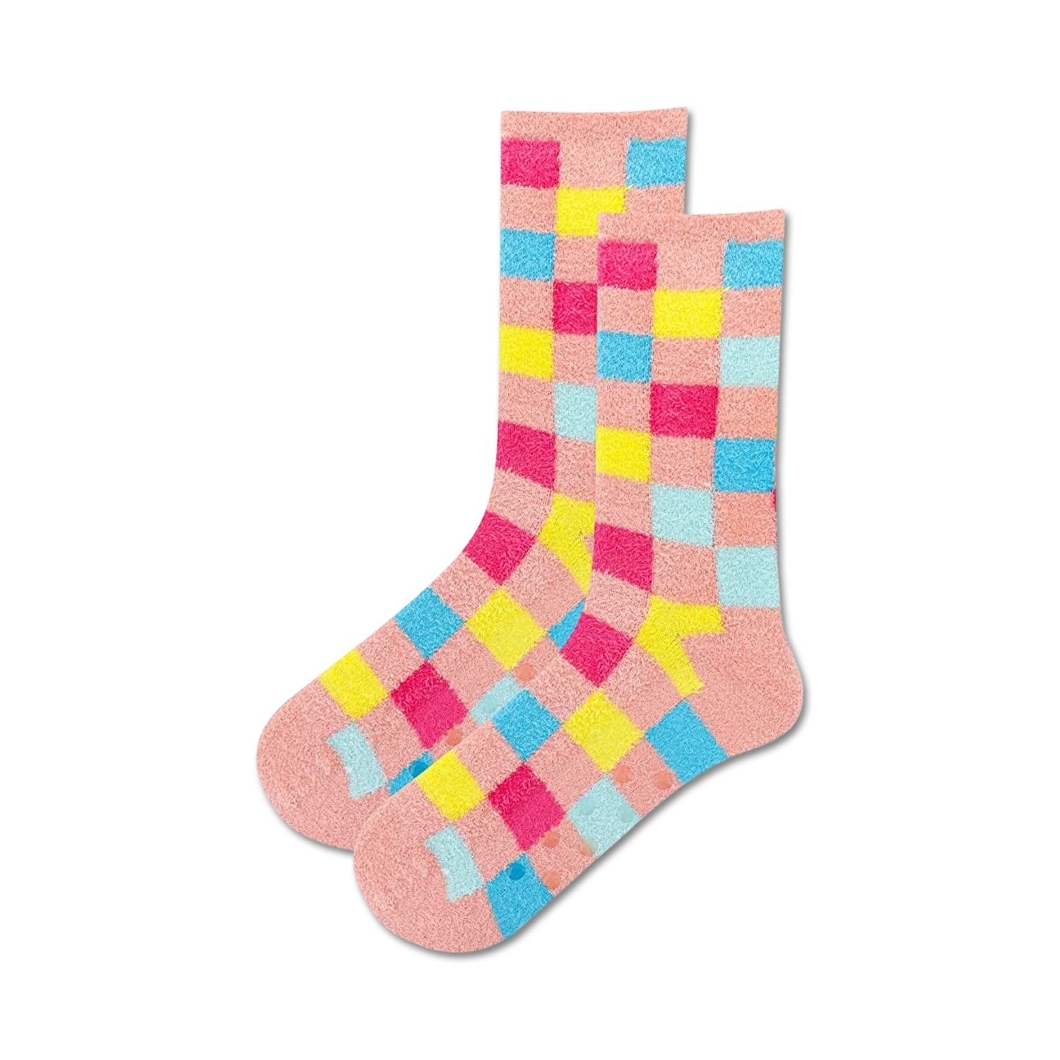 Pair of pink fuzzy socks with pink, yellow, and blue checkered pattern and non-skid grips on the soles.