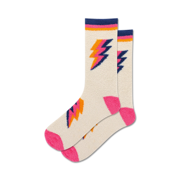 white, pink, blue, and orange lightning bolt pattern novelty socks for women with non-skid soles. crew length.  