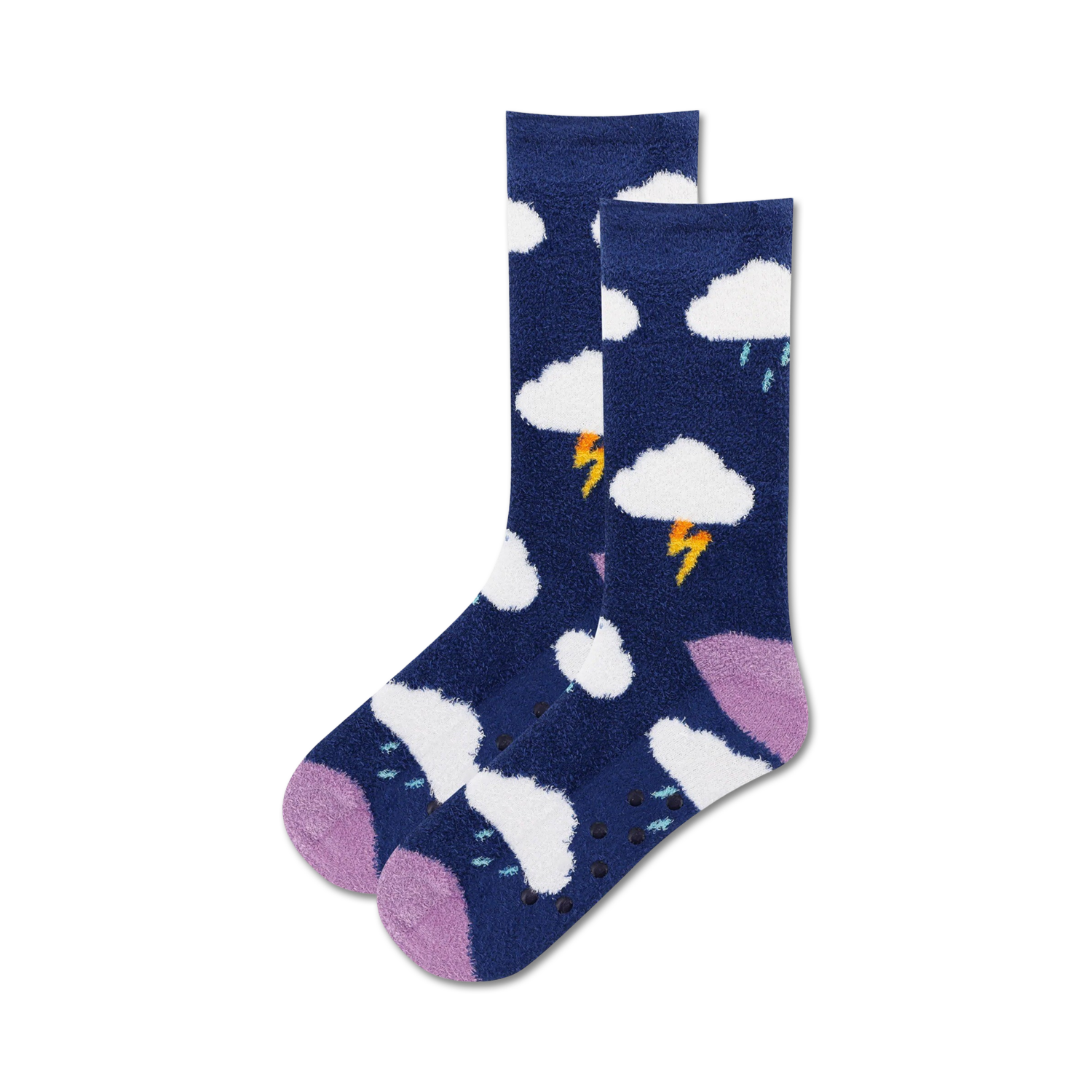 Pair of navy blue crew socks with a fluffy texture, featuring white clouds, yellow lightning bolts, and purple accents. Non-skid grips on the soles.