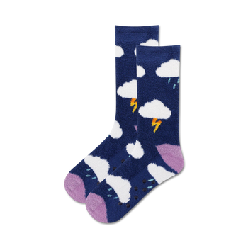 women's dark blue crew socks featuring clouds, lightning bolts, raindrops, purple toes/heels, and white non-skid circles.  