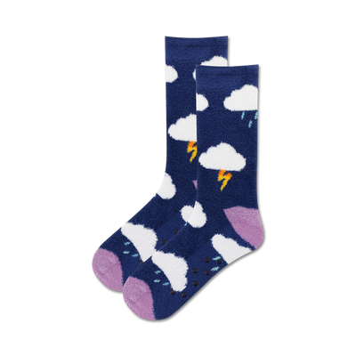 women's dark blue crew socks featuring clouds, lightning bolts, raindrops, purple toes/heels, and white non-skid circles.  