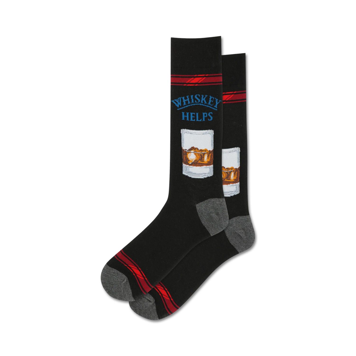 Pair of crew socks; black with red stripes and a whiskey glass graphic, or grey with yellow stripes and same graphic.