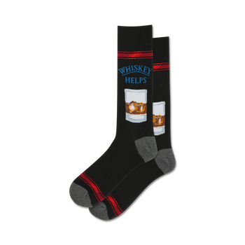 mens crew socks in black with red stripe and gray heel/toe. 'whiskey helps' label with picture of 2 whiskey glasses.  