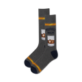 Lifestyle shot showing the grey Whiskey Helps socks on a person's feet.