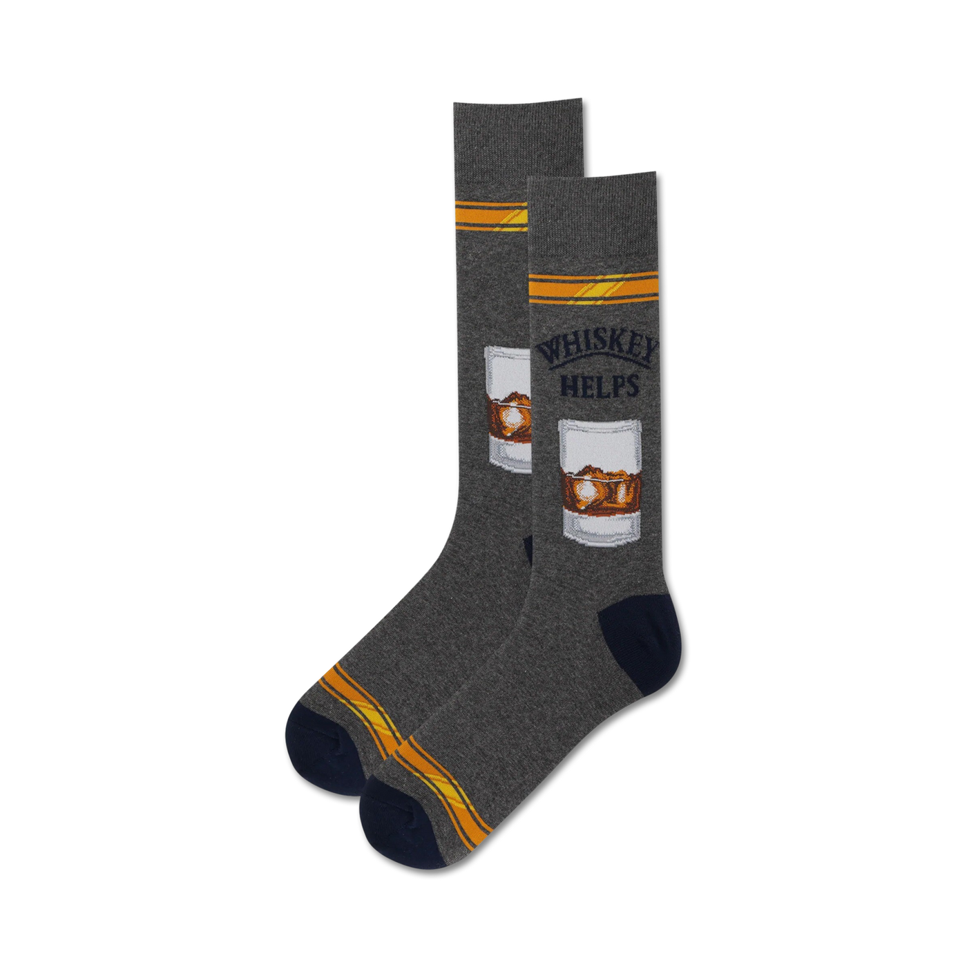 Lifestyle shot showing the grey Whiskey Helps socks on a person's feet.