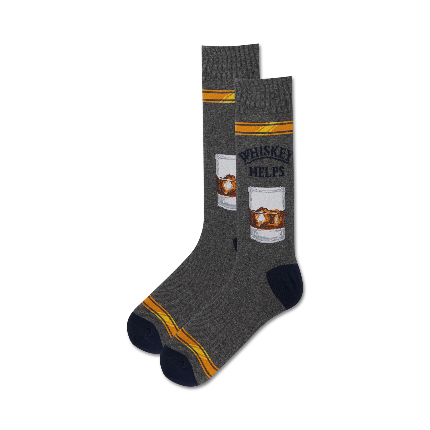 Lifestyle shot showing the grey Whiskey Helps socks on a person's feet.