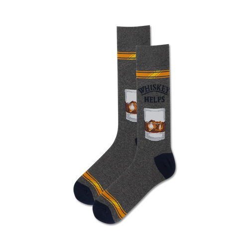 Lifestyle shot showing the grey Whiskey Helps socks on a person's feet.