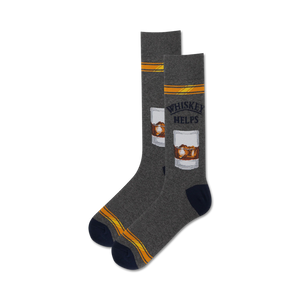 mens whiskey helps gray crew socks with illustration of amber liquid in glass  