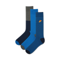 Three men's crew socks. One navy blue with grey heel and toe; one solid royal blue with grey heel and toe; one navy blue and royal blue striped sock with a small pizza embroidery.