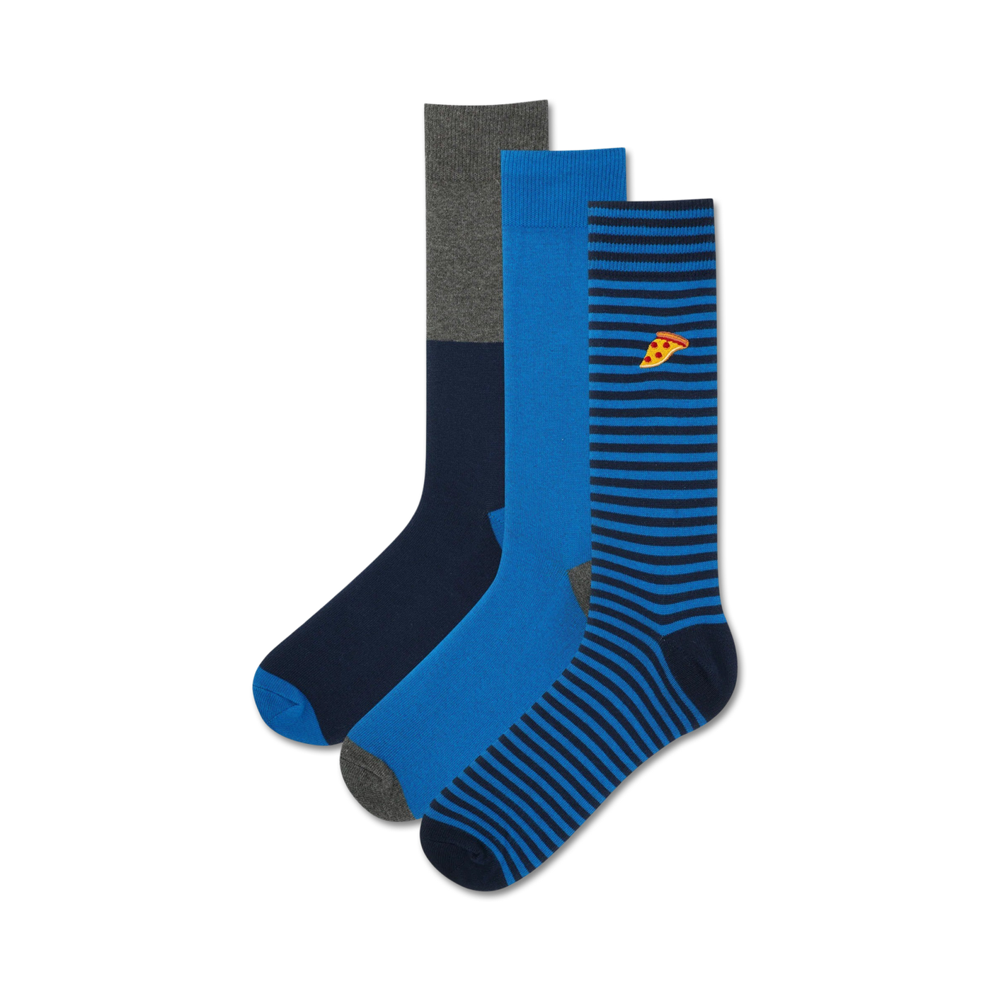 Three men's crew socks. One navy blue with grey heel and toe; one solid royal blue with grey heel and toe; one navy blue and royal blue striped sock with a small pizza embroidery.