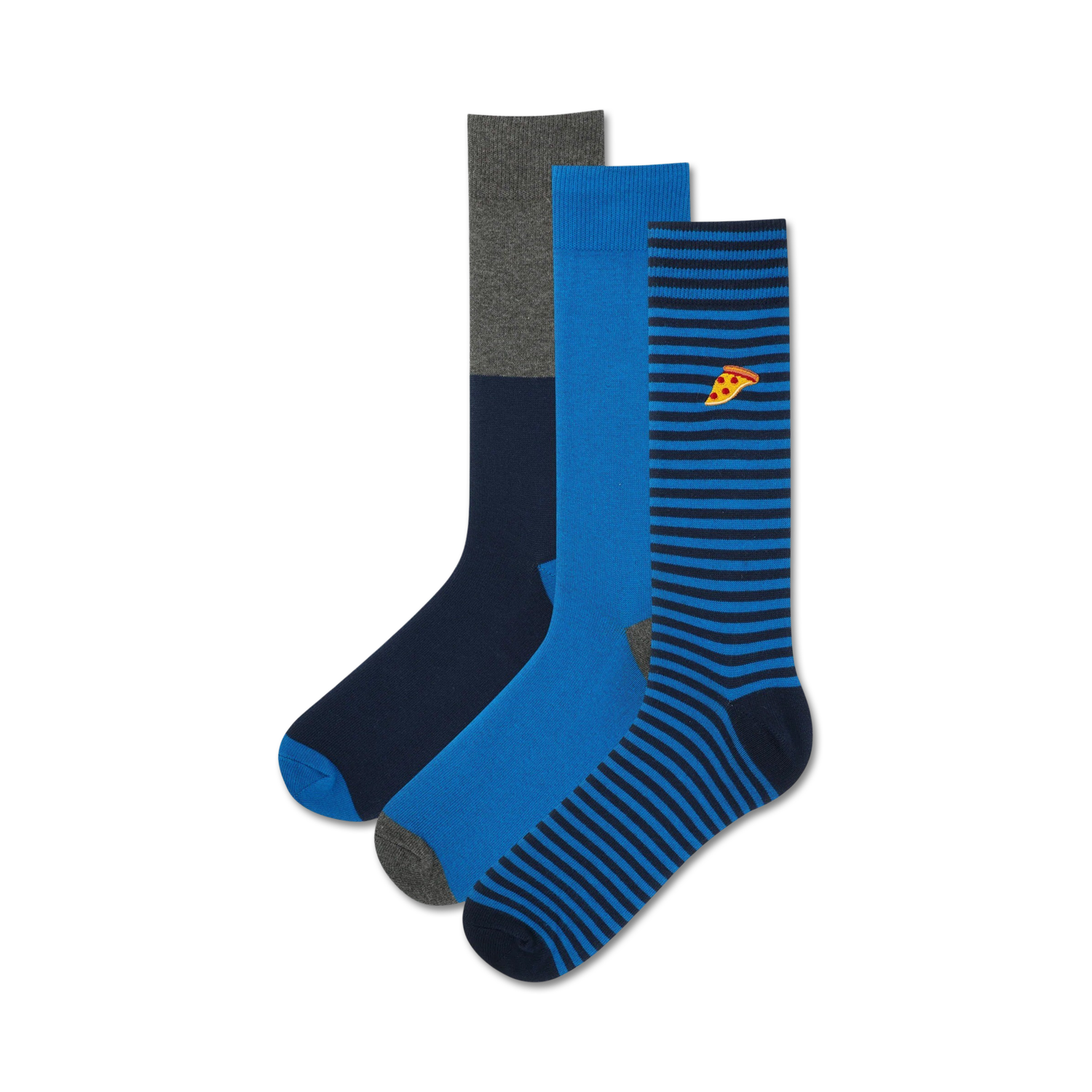 Three men's crew socks. One navy blue with grey heel and toe; one solid royal blue with grey heel and toe; one navy blue and royal blue striped sock with a small pizza embroidery.