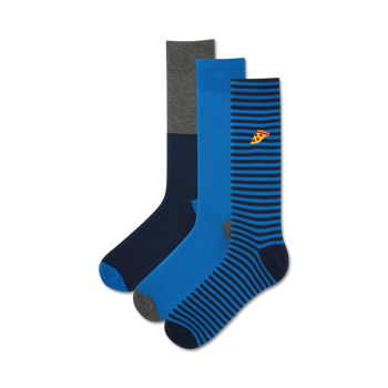 embroidered pizza crew sock, mens. 3-pack. blue, gray, navy blue.   