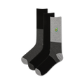 Three crew socks: one grey with an embroidered avocado, two black.  Grey socks have a black heel and toe.