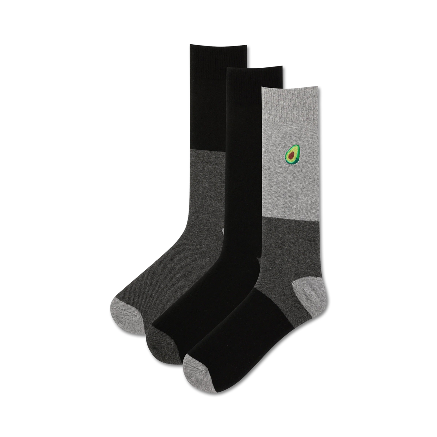 Three crew socks: one grey with an embroidered avocado, two black.  Grey socks have a black heel and toe.