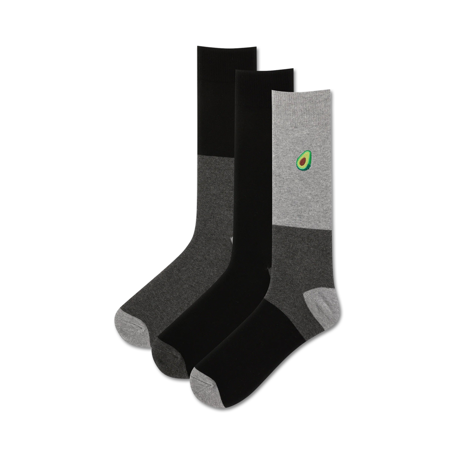 Three crew socks: one grey with an embroidered avocado, two black.  Grey socks have a black heel and toe.