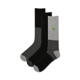 black, gray, and white men's crew socks have a pattern of green avocados with brown pits.   
