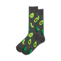 Pair of grey crew socks with fun illustrated avocados in shades of green. A must-have for avocado toast fans!