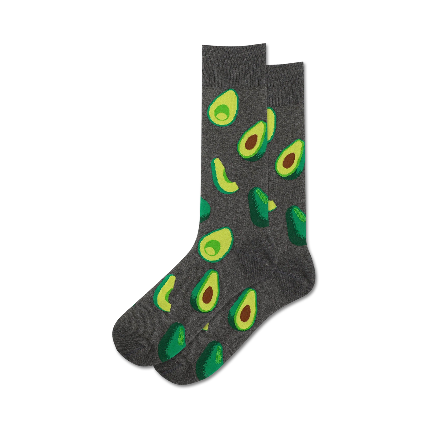 Pair of grey crew socks with fun illustrated avocados in shades of green. A must-have for avocado toast fans!