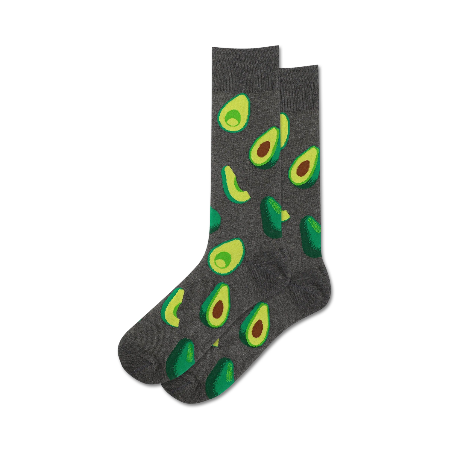 Pair of grey crew socks with fun illustrated avocados in shades of green. A must-have for avocado toast fans!
