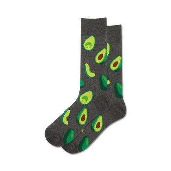gray crew socks with green avocado pattern.  