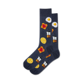 Pair of dark blue crew socks with breakfast food designs: waffles, fried eggs, toast, and coffee.