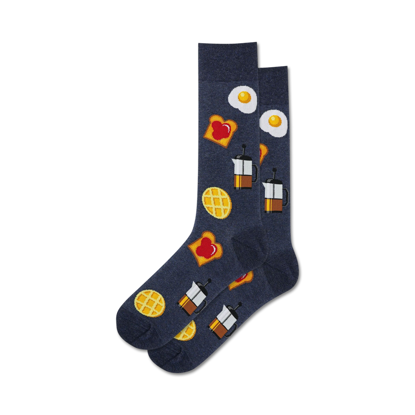 Pair of dark blue crew socks with breakfast food designs: waffles, fried eggs, toast, and coffee.