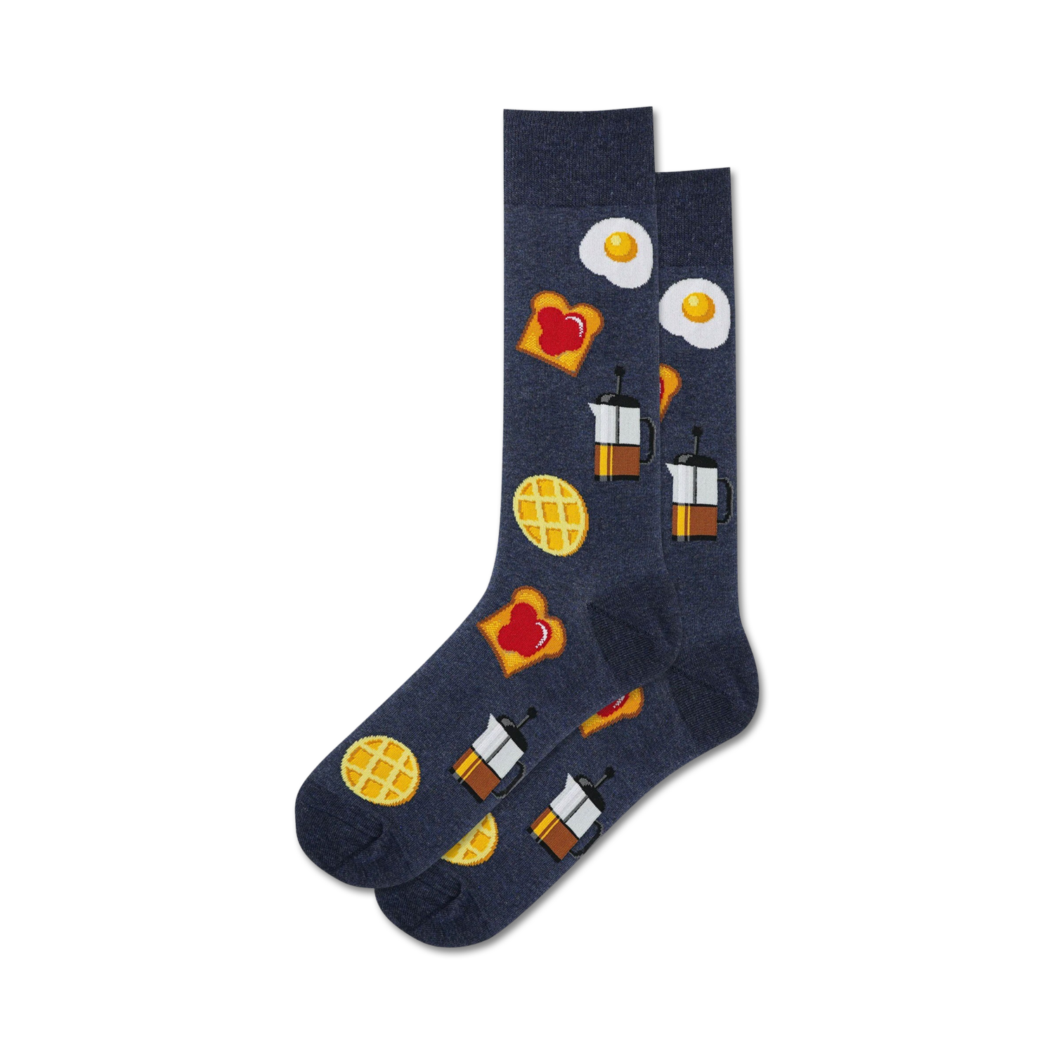 Pair of dark blue crew socks with breakfast food designs: waffles, fried eggs, toast, and coffee.