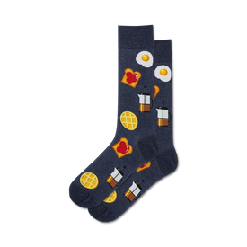 dark blue crew socks for men featuring a pattern of breakfast-related items: waffles, eggs, toast with jam, coffee pots.   