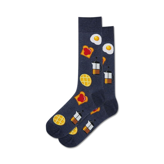 dark blue crew socks for men featuring a pattern of breakfast-related items: waffles, eggs, toast with jam, coffee pots.    }}