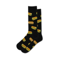 Pair of black crew socks with a repeating pattern of colorful hoagie sandwiches.
