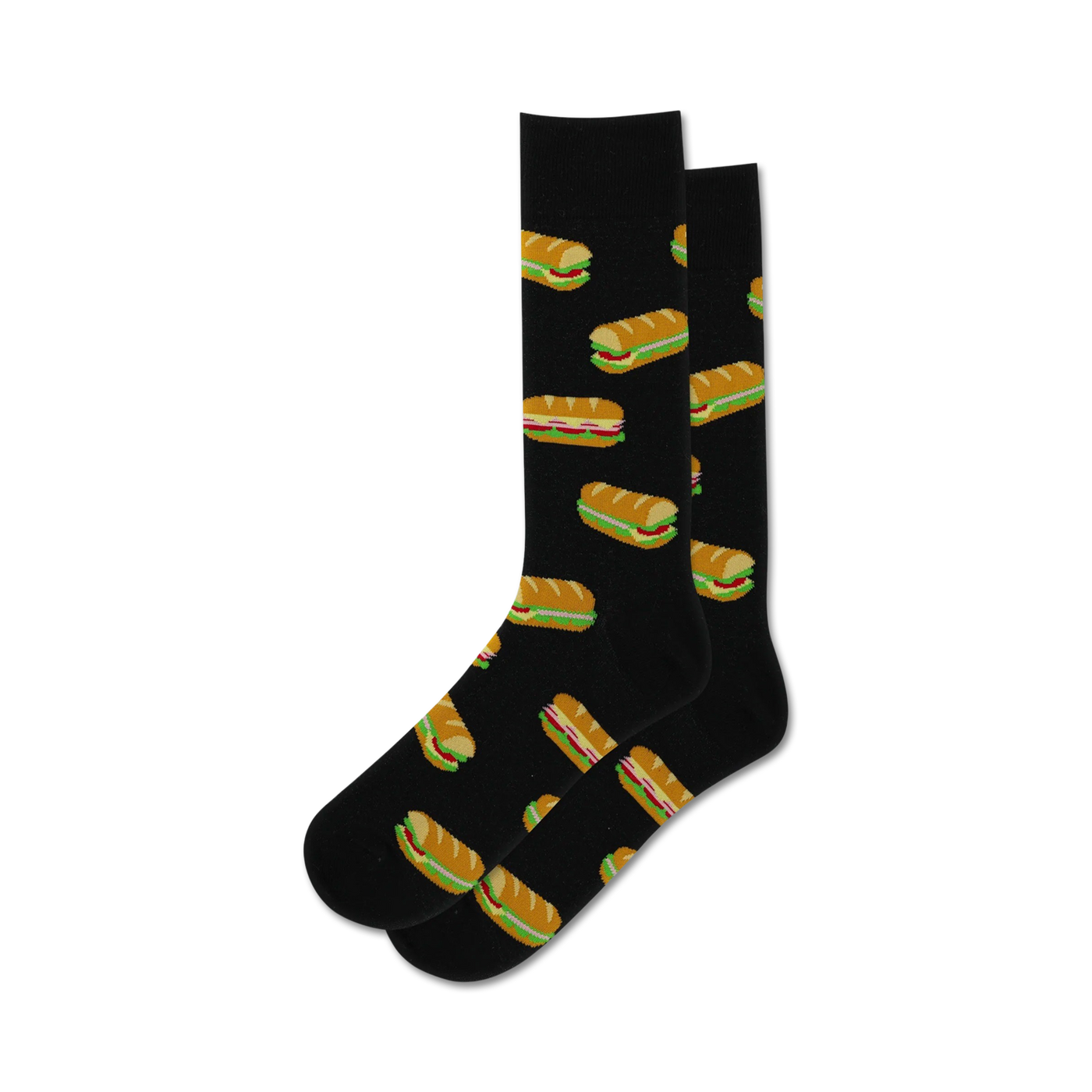 Pair of black crew socks with a repeating pattern of colorful hoagie sandwiches.