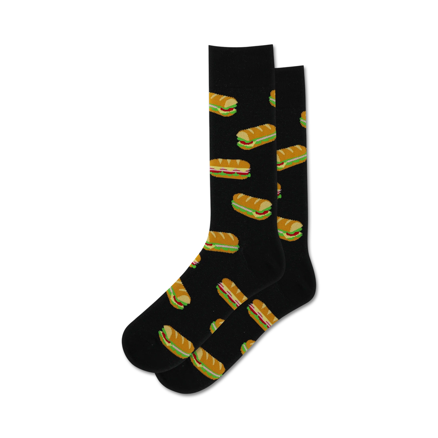 Pair of black crew socks with a repeating pattern of colorful hoagie sandwiches.