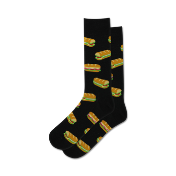 mens black crew socks with a pattern of hoagie sandwiches with yellow mustard, green lettuce, red tomato, and brown meat 