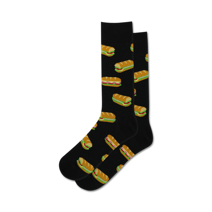 mens black crew socks with a pattern of hoagie sandwiches with yellow mustard, green lettuce, red tomato, and brown meat  }}