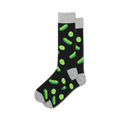 Pair of black crew socks with a fun all-over print of green pickles and pickle slices.