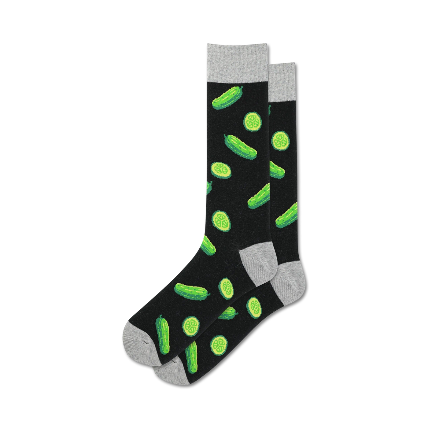 Pair of black crew socks with a fun all-over print of green pickles and pickle slices.