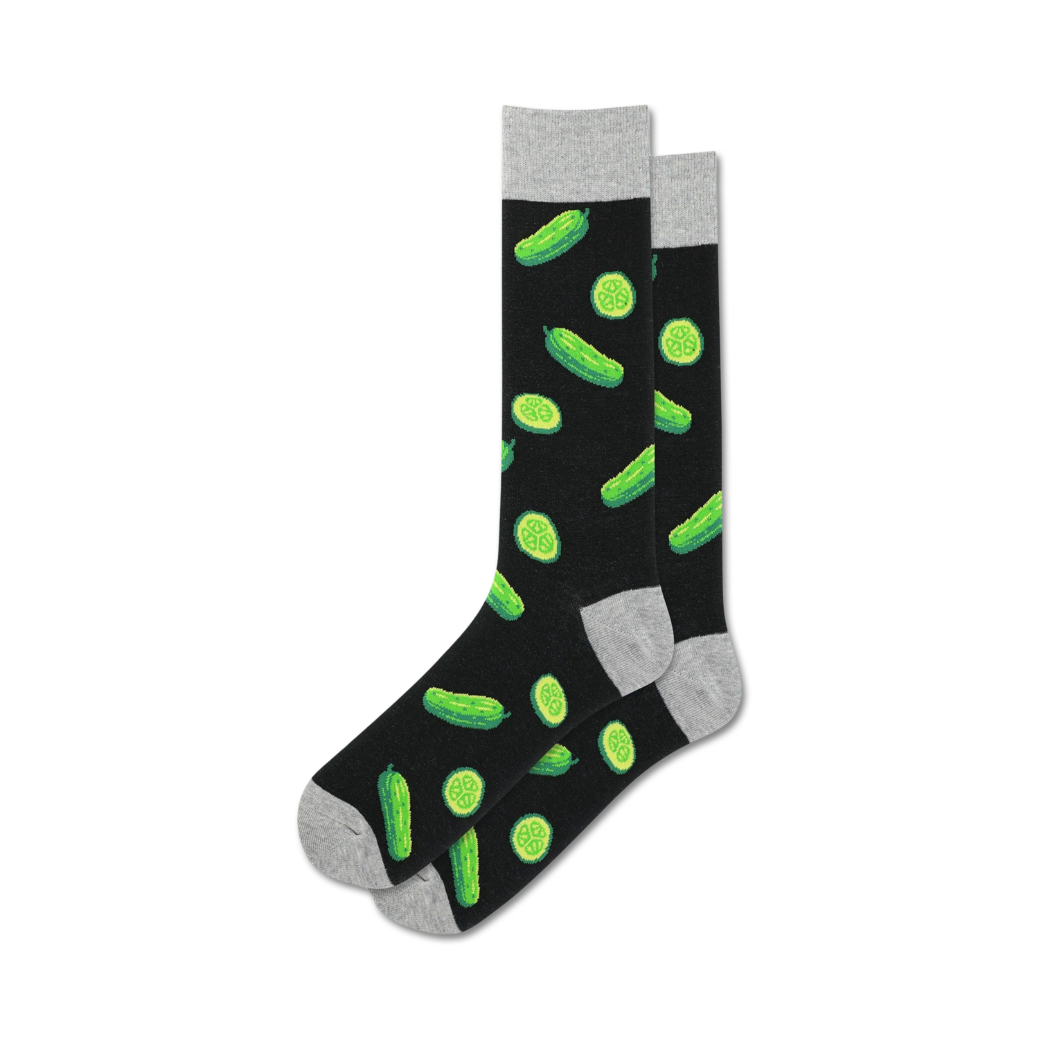 Pair of black crew socks with a fun all-over print of green pickles and pickle slices.