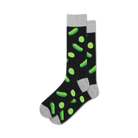 black crew socks with green bumpy pickle pattern, designed for men, pickle theme.   