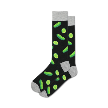 black crew socks with green bumpy pickle pattern, designed for men, pickle theme.   