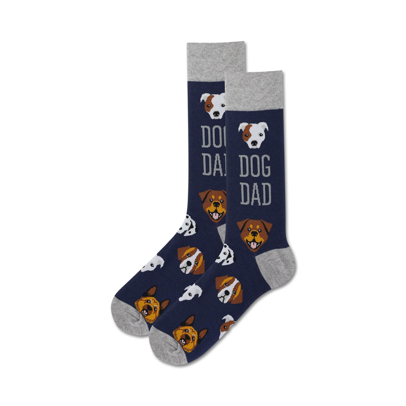 A pair of navy blue crew socks with a pattern of various dog breeds and the text 'Dog Dad'.  Grey cuffs.